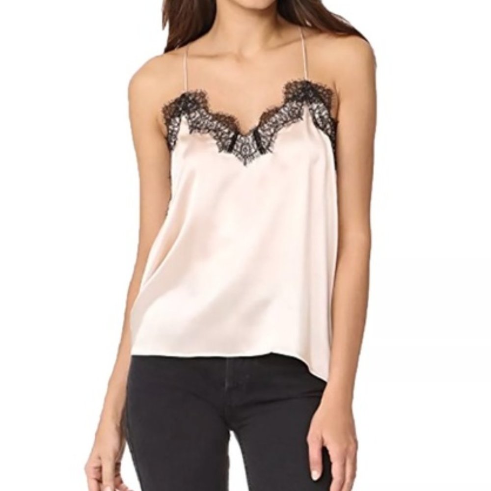 Cami NYC The Racer Charmeuse Silk Tank Pink with Black Lace | S